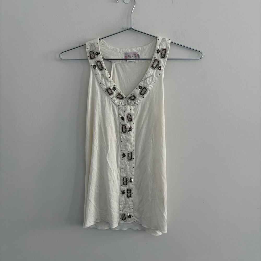 Oh Yes Women Beaded Sequin V-Neck Halter Style Tank Top White Size L D-1256